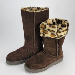 Brown Suede Boots with Leopard/Cheetah Lining- Calf Winter Boot with Fur Lining